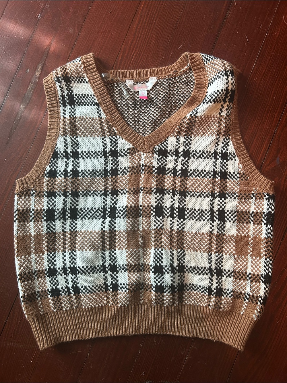 No Boundaries Brown and White Plaid Sweater Vest